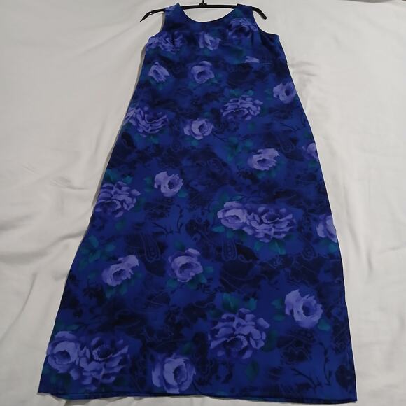 Chadwick's 4 MAXI Sleeveless FLORAL Side-Slit Blue Long Tie-Waist A-Line Dress - Picture 9 of 13